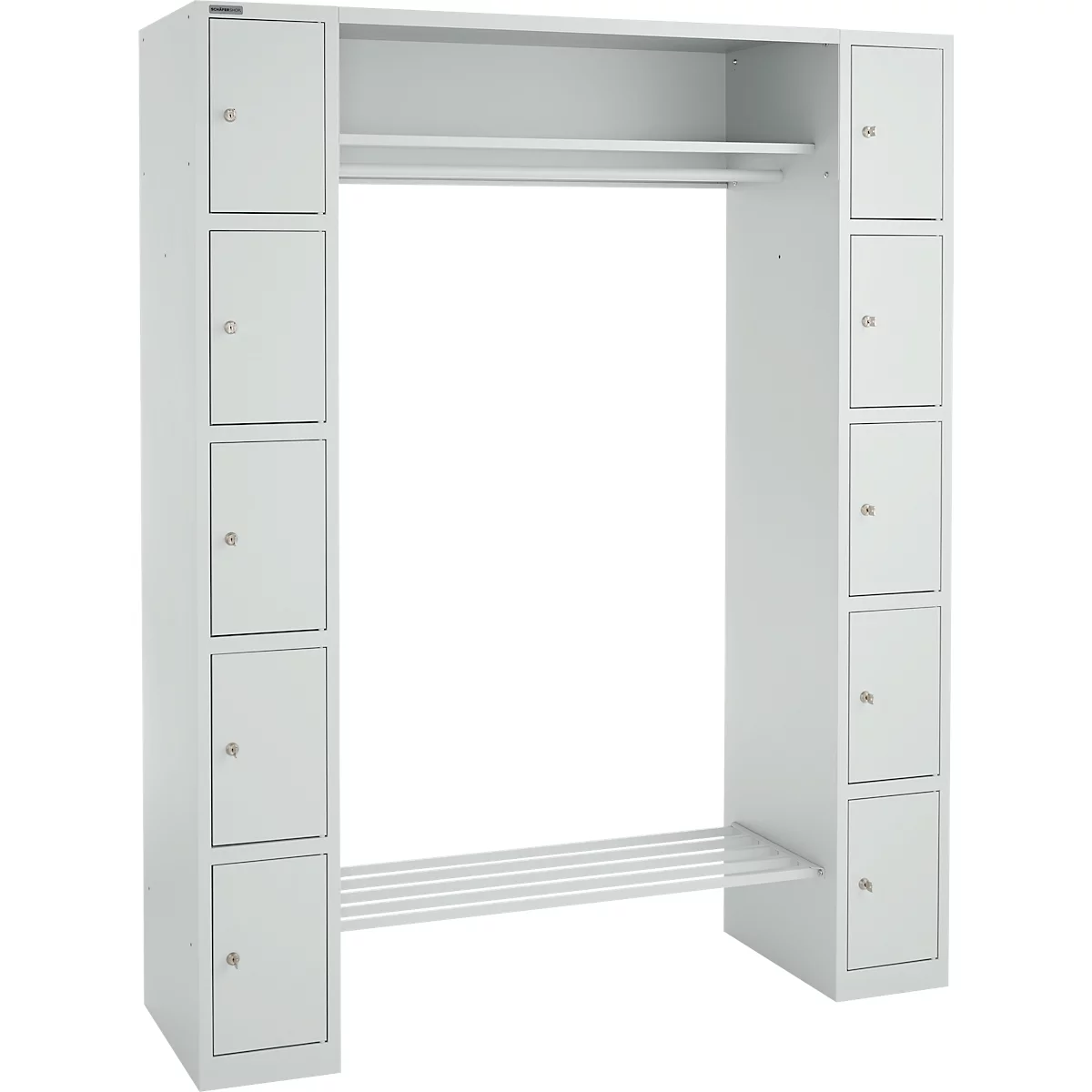 Lockerkast - B 1565 x D 500 x H 1950 mm - 2 x 5 vakken - met hoedenplank en kledingstang - schoenrek - lichtgrijs - ons merk Schäfer Shop Select