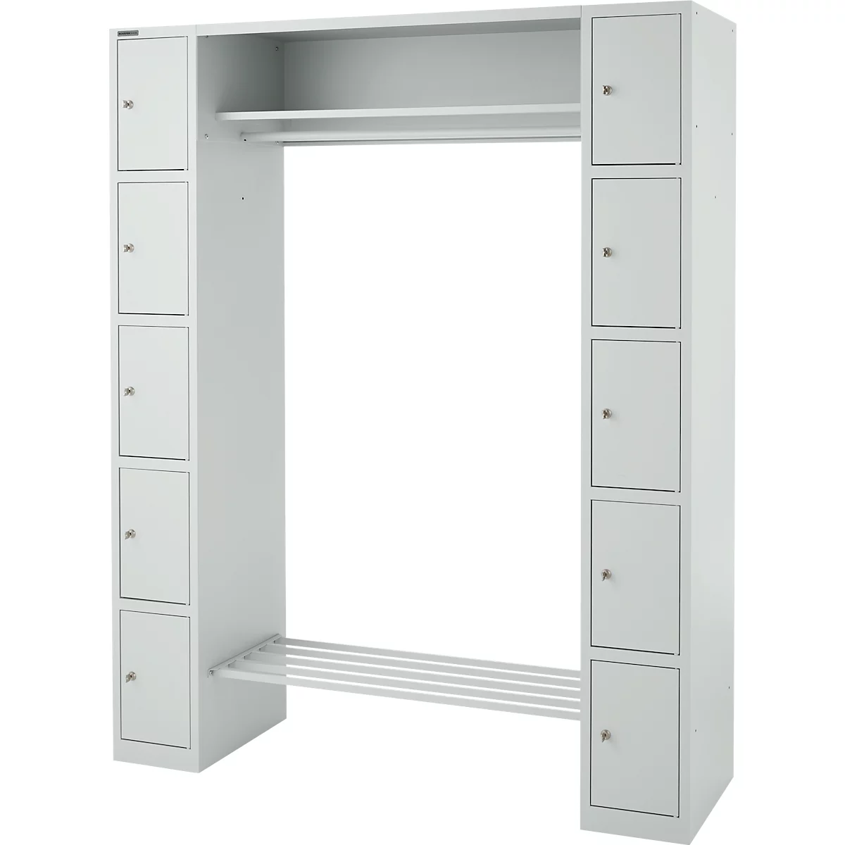 Lockerkast - B 1565 x D 500 x H 1950 mm - 2 x 5 vakken - met hoedenplank en kledingstang - schoenrek - lichtgrijs - ons merk Schäfer Shop Select