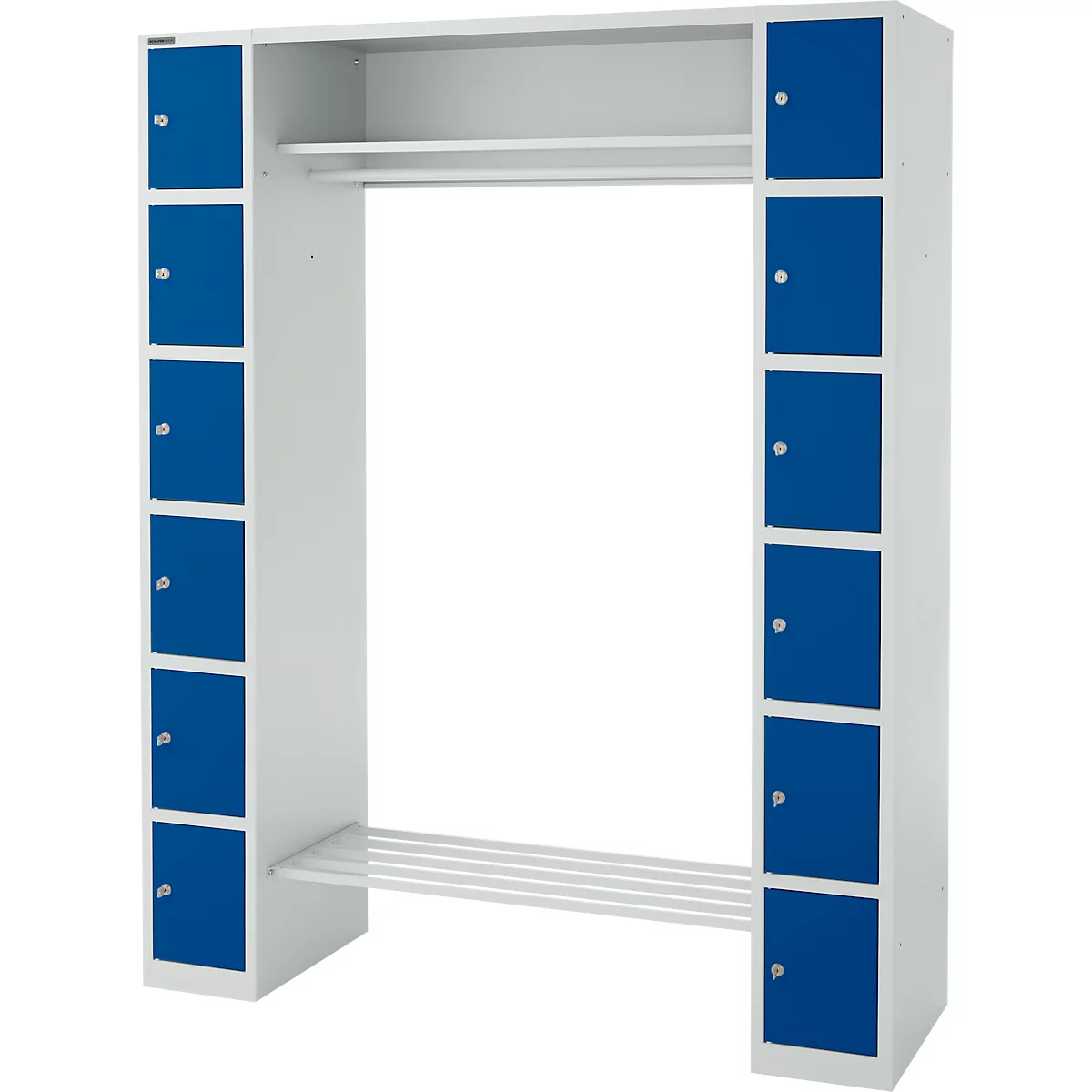 Lockerkast - B 1735 x D 500 x H 1950 mm - 2 x 6 vakken - met hoedenplank en kledingstang - schoenrek - lichtgrijs en gentiaanblauw - ons merk Schäfer Shop