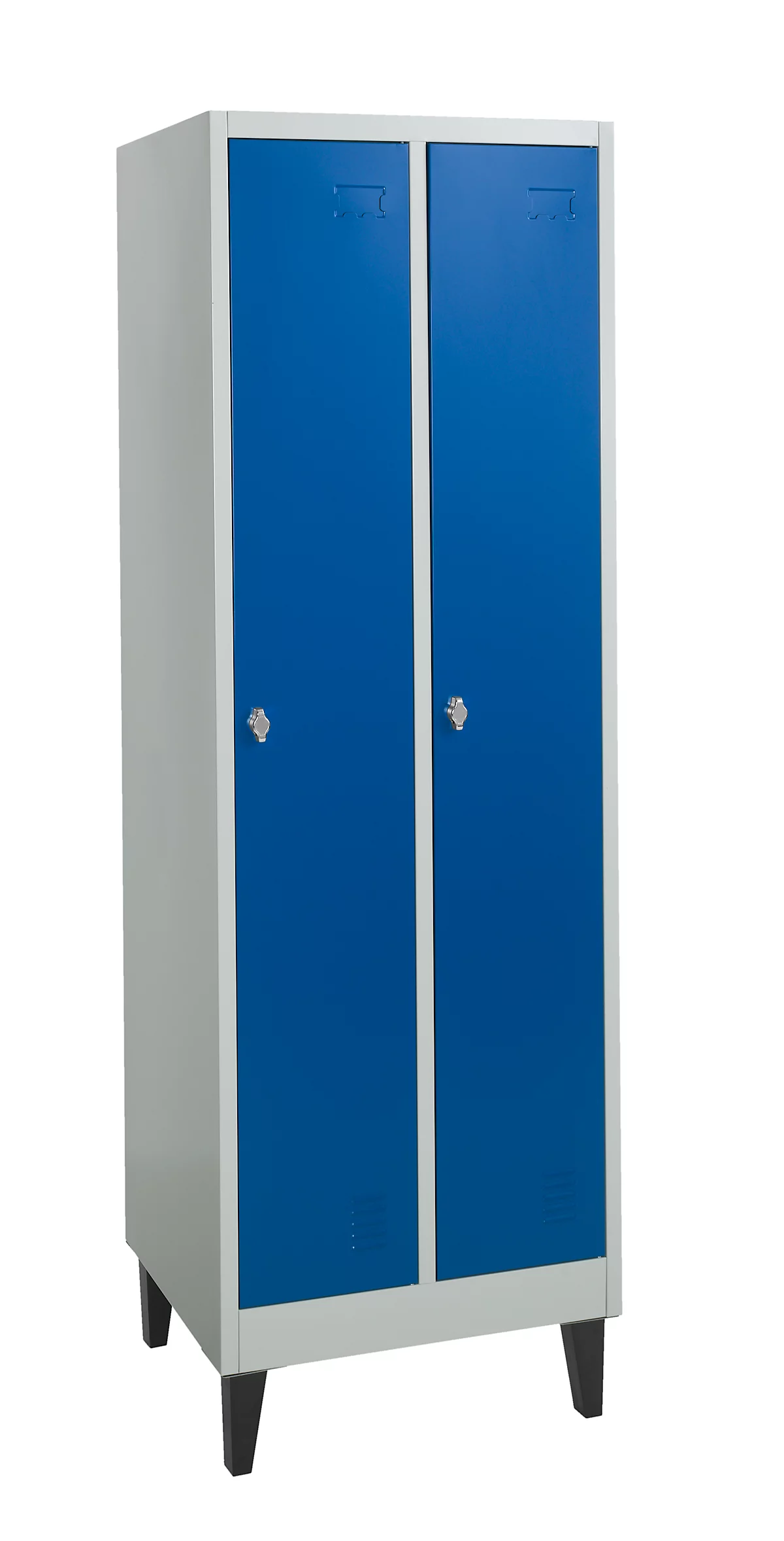 Lockerkast met 2 compartimenten, metaal, B 600 x D 500 x H 1850 mm, met hoedenplank, kledingstang met 3 verschuifbare haken, poten, slot met draaigrendel, grijs/blauw