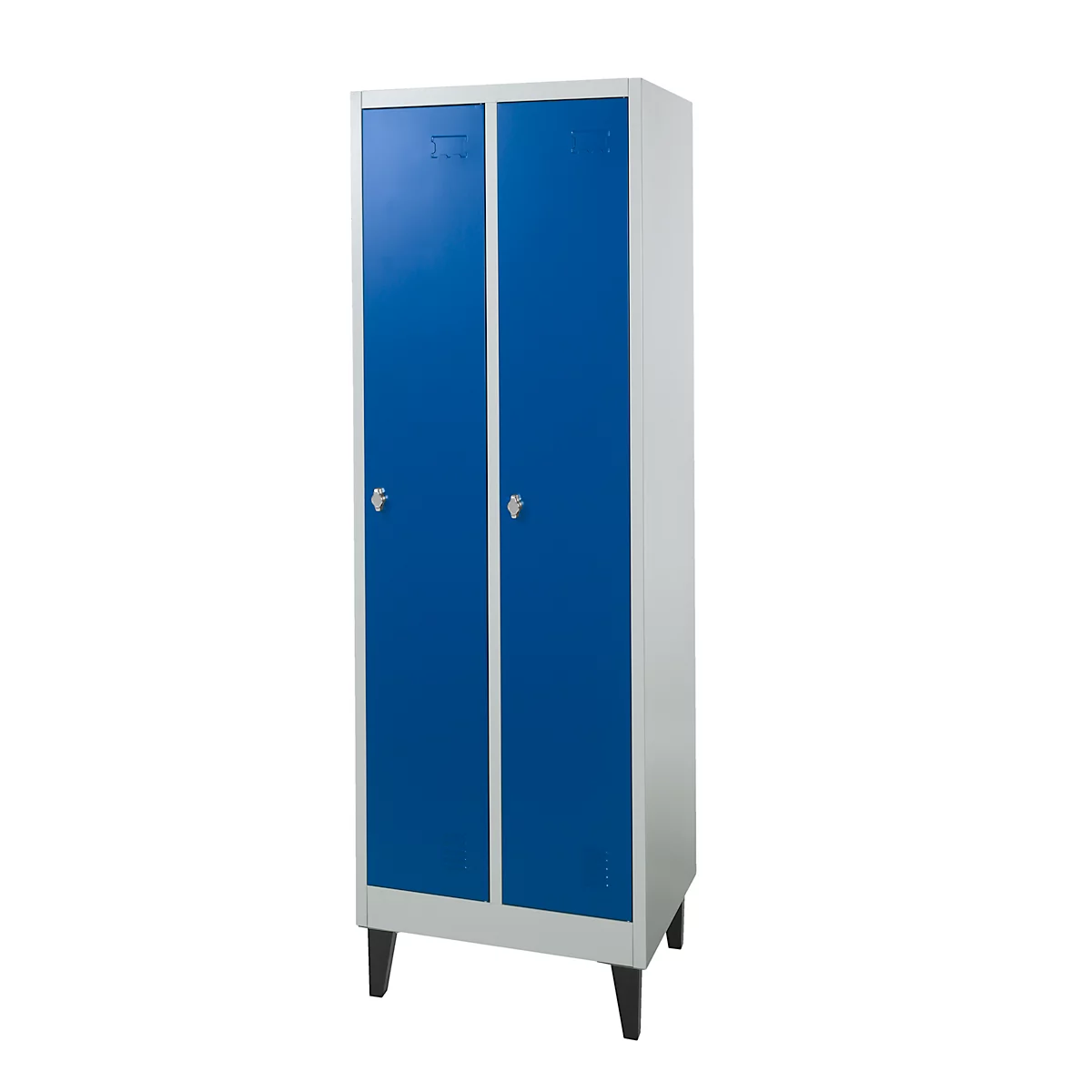 Lockerkast met 2 compartimenten, metaal, B 600 x D 500 x H 1850 mm, met hoedenplank, kledingstang met 3 verschuifbare haken, poten, slot met draaigrendel, grijs/blauw