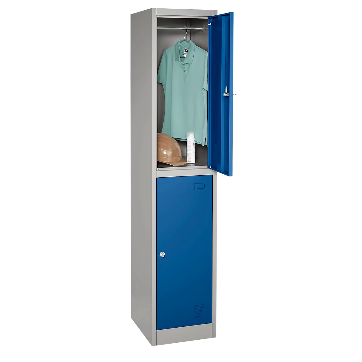 Lockerkast, staal, cilinderslot, met etikethouder, 2 compartimenten, licht zilver/ gentiaanblauw RAL 5010