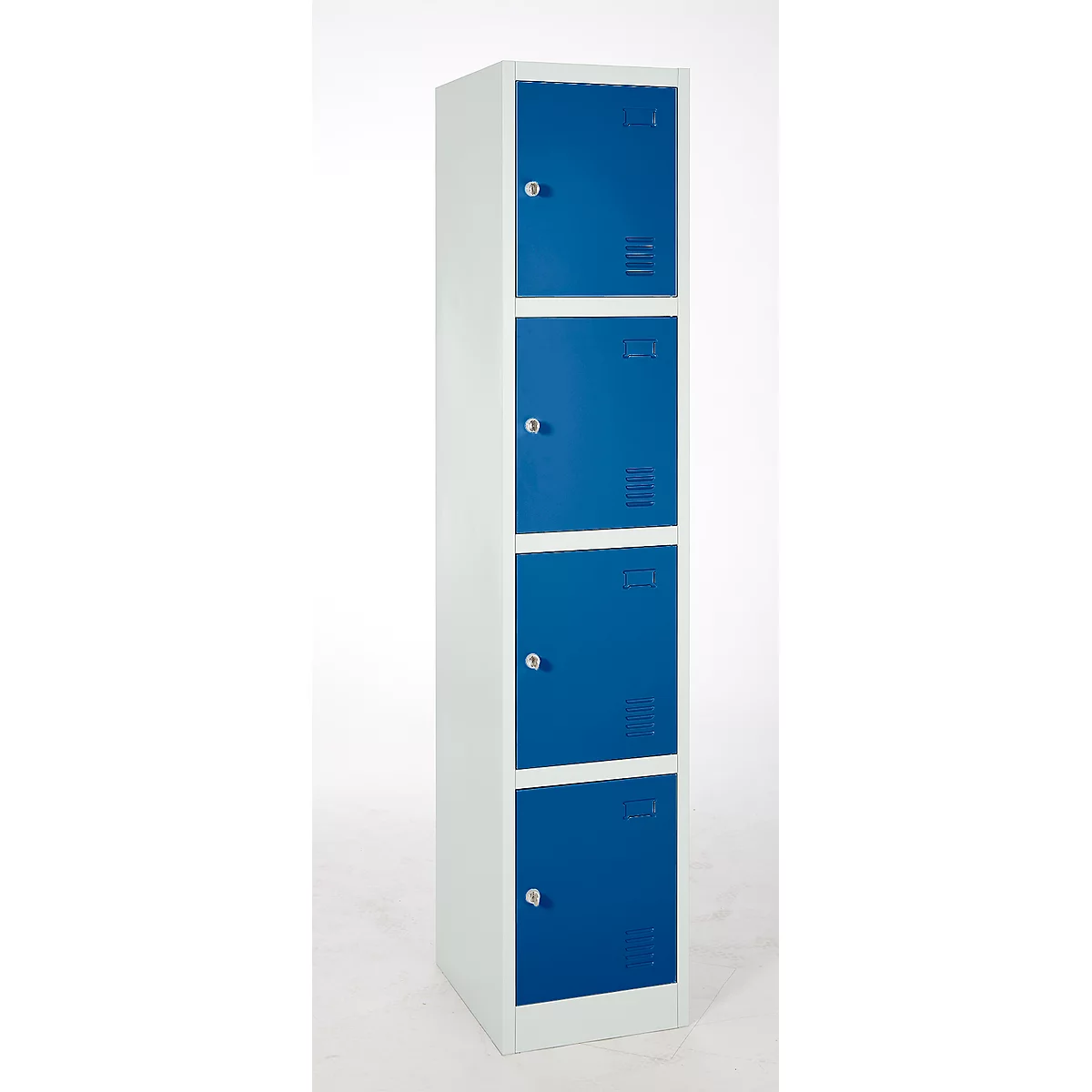 Lockerkast, staal, cilinderslot, met etikethouder, 4 vakken, lichtgrijs RAL 7035/enziaans blauw RAL 5010
