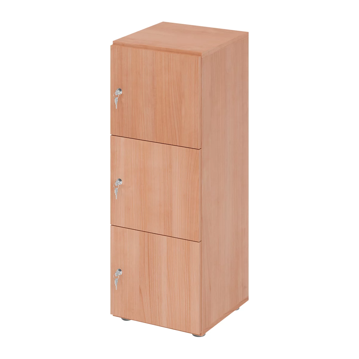 Hoge kast van licht hout, met drie lades. Elke lade heeft een sleutelgat en een sleutel.