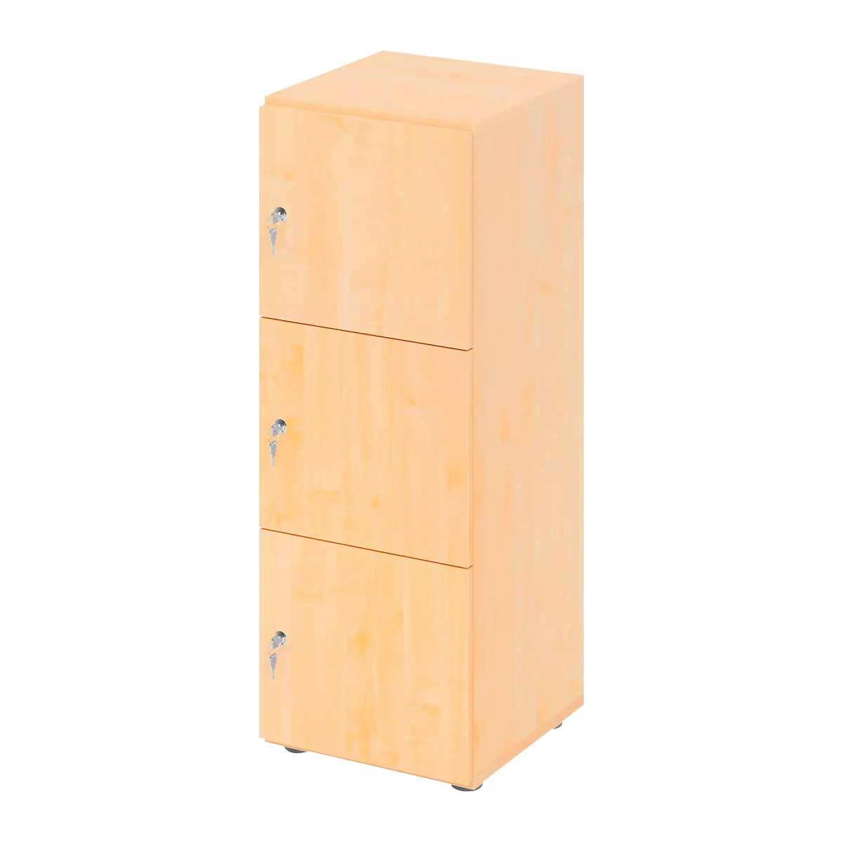 Lichtbruine archiefkast met drie lades en sleutels.