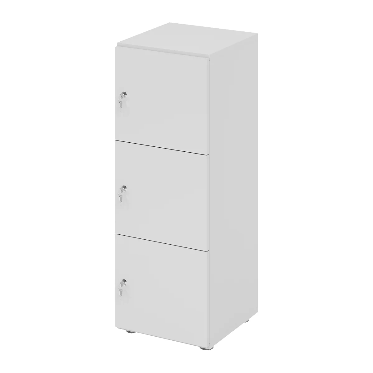 Driedelig, witte kast met sleutelsloten. Elke lade heeft een eigen slot.