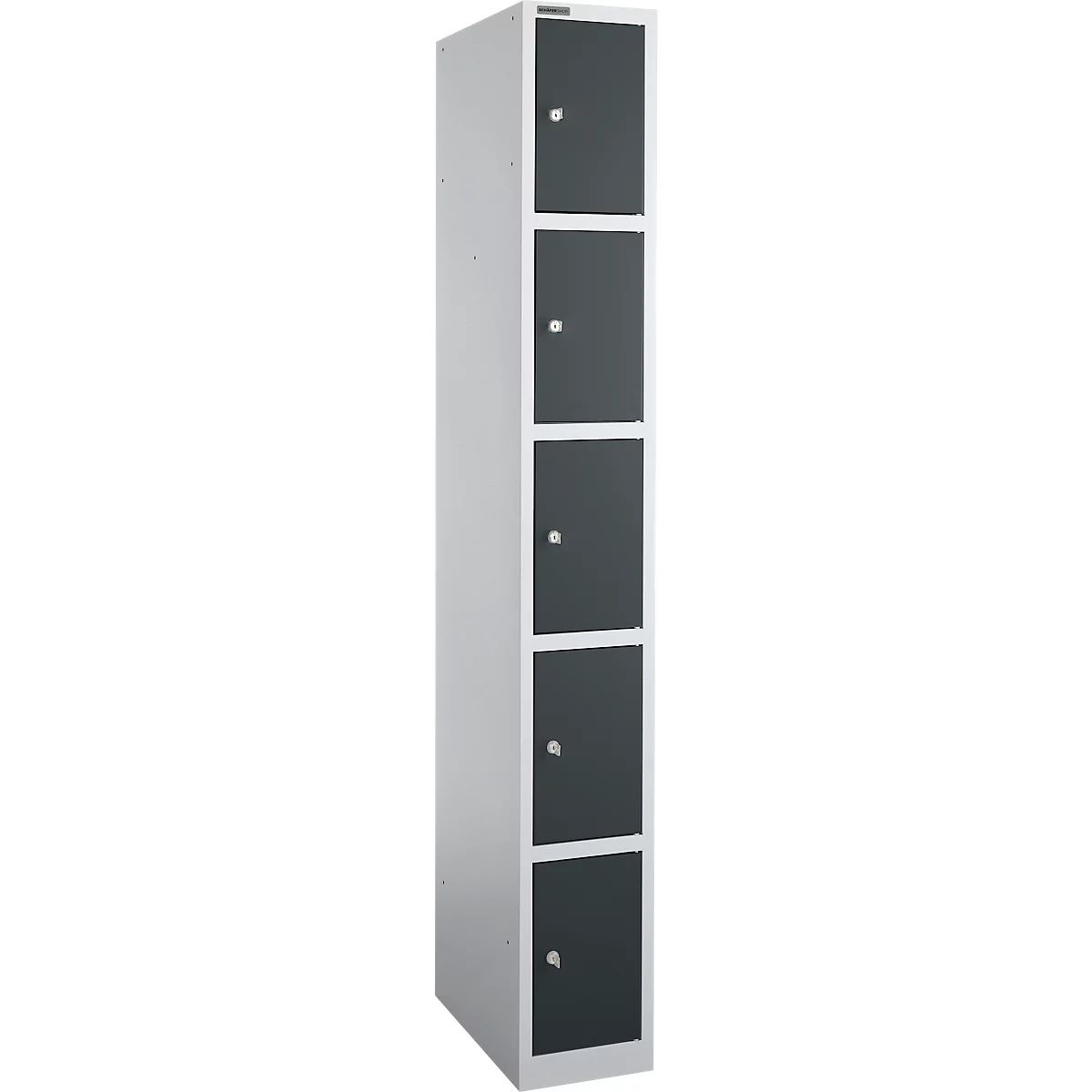 Grijze kast met vijf zwarte deuren, elk met een zilveren knop. De kast staat tegen een witte achtergrond.