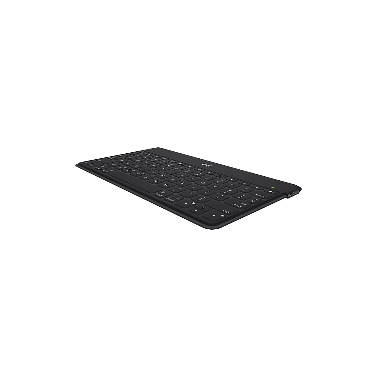 Schwarze Tastatur auf weiÃŸem Hintergrund. Das Logo Logitech ist oben rechts.