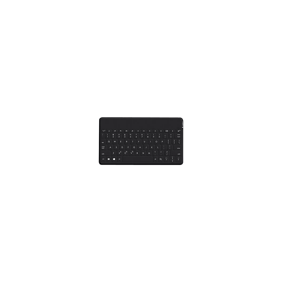 Schwarze kabellose Tastatur mit weiÃŸer Beschriftung auf weiÃŸem Hintergrund. Alle Tasten sind deutlich sichtbar.