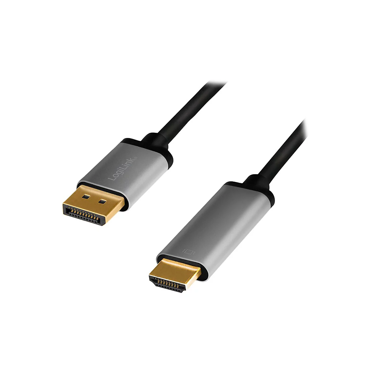 DisplayPort auf HDMI Kabel mit grauen Steckern und goldenen Kontakten vor weißem Hintergrund.
