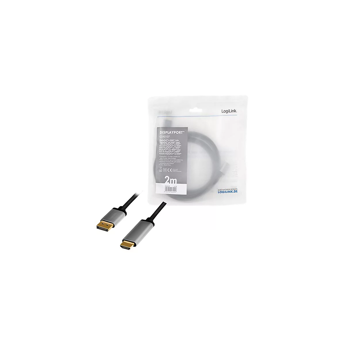 LogiLink DisplayPort-auf-HDMI-Kabel, zwei Meter lang, verpackt in einer transparenten Plastiktüte.