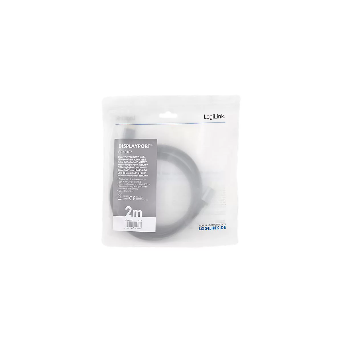 LogiLink DisplayPort auf HDMI Kabel, 2m, in transparenter Kunststoffverpackung mit grauem Etikett.
