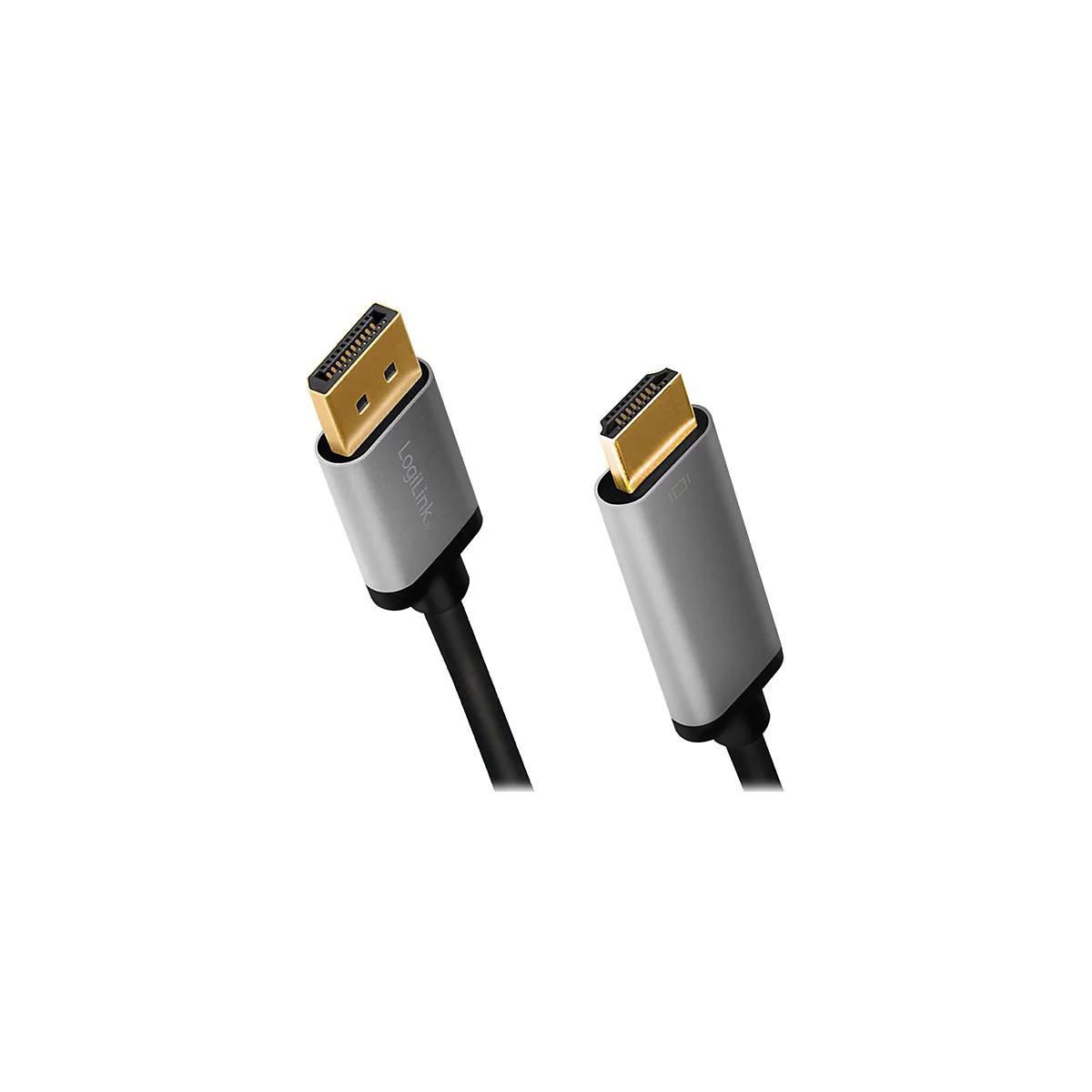 LogiLink DisplayPort-auf-HDMI-Adapterkabel mit goldenen Steckern und silbernem Gehäuse auf weißem Grund.