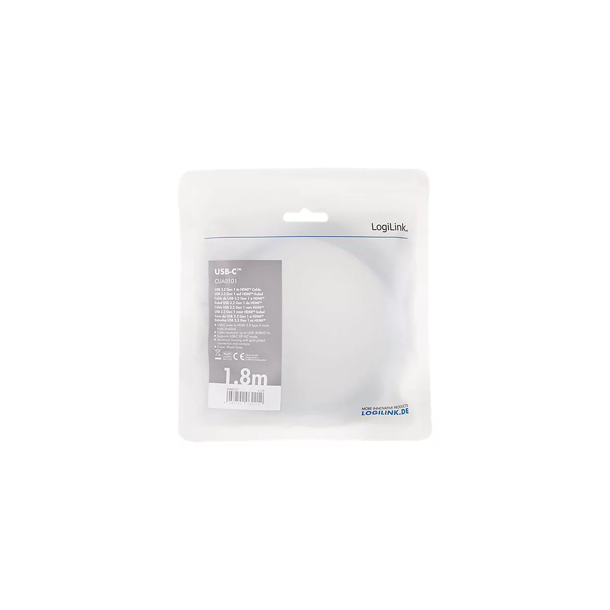 LogiLink USB-C auf HDMI-Adapterkabel 1,8 m in transparenter Kunststoffverpackung.