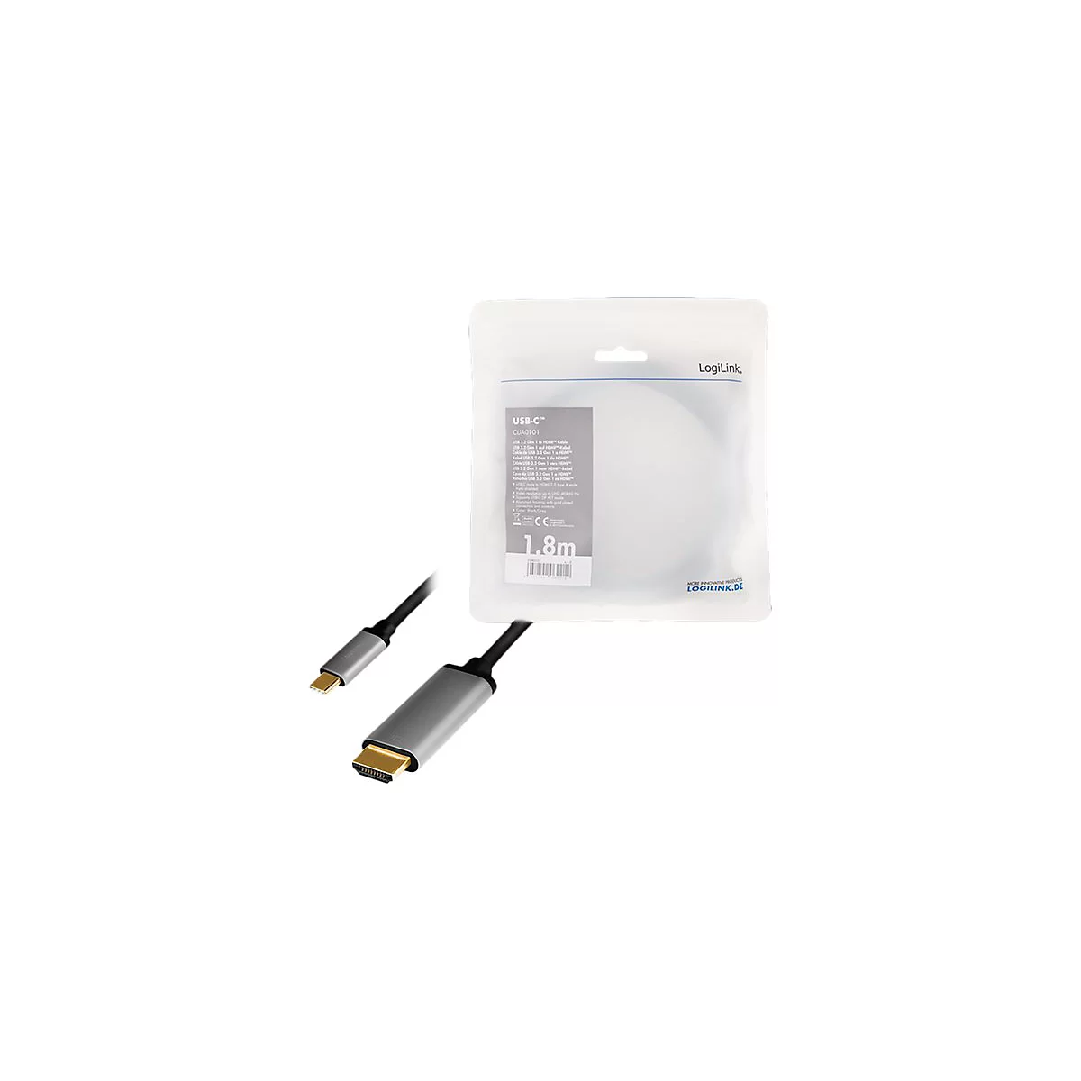 LogiLink USB-C auf HDMI Kabel (1,8m) in transparenter Kunststoffverpackung mit Produktbild.