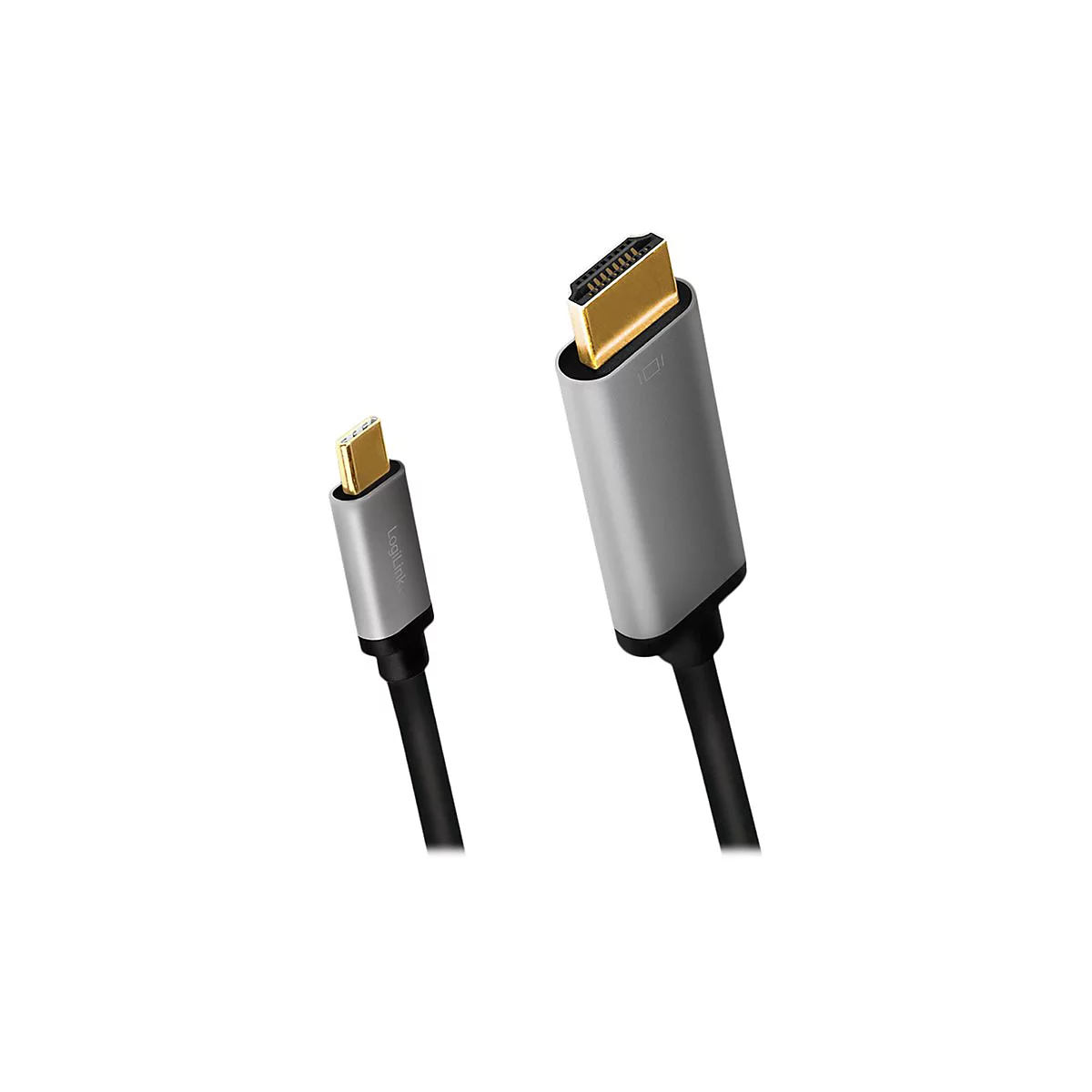 USB-C auf HDMI Adapterkabel von LogiLink mit goldbeschichteten Steckern und grauem Gehäuse.