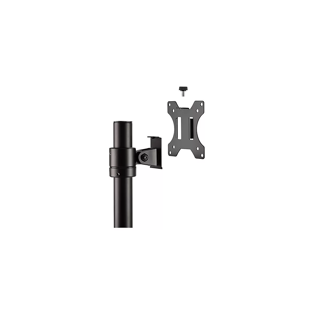 Schwarze Monitorhalterung mit SÃ¤ule, Halterung und Schraube, vor weiÃŸem Hintergrund.