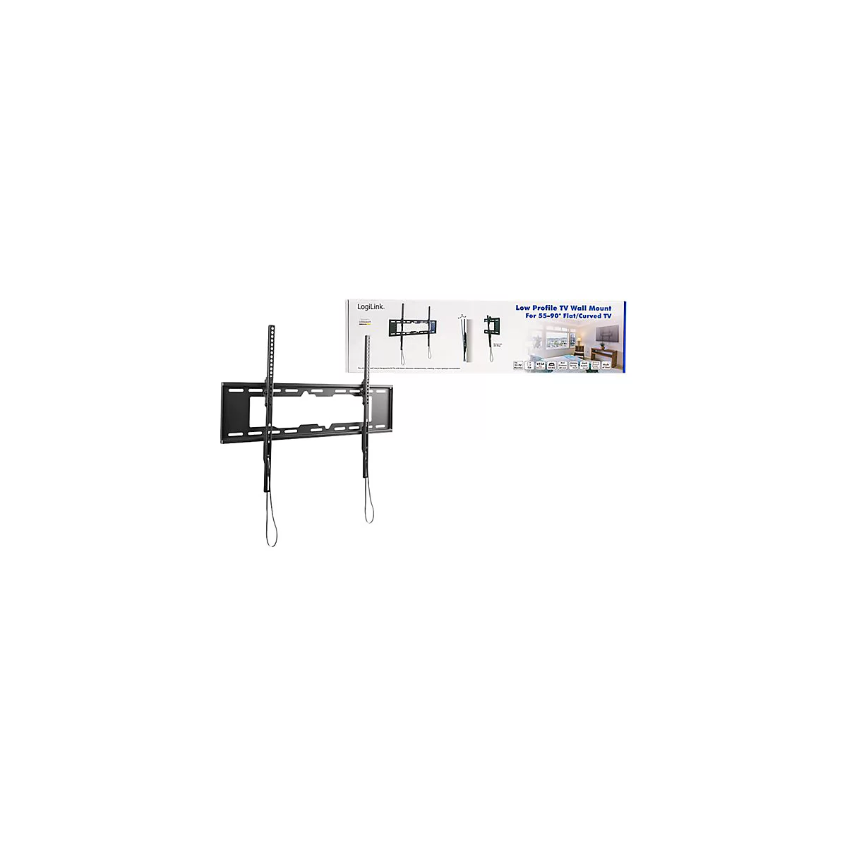 LogiLink flache TV-Wandhalterung für 55-90 Zoll Flach- und Curved-Bildschirme vor weißem Hintergrund.