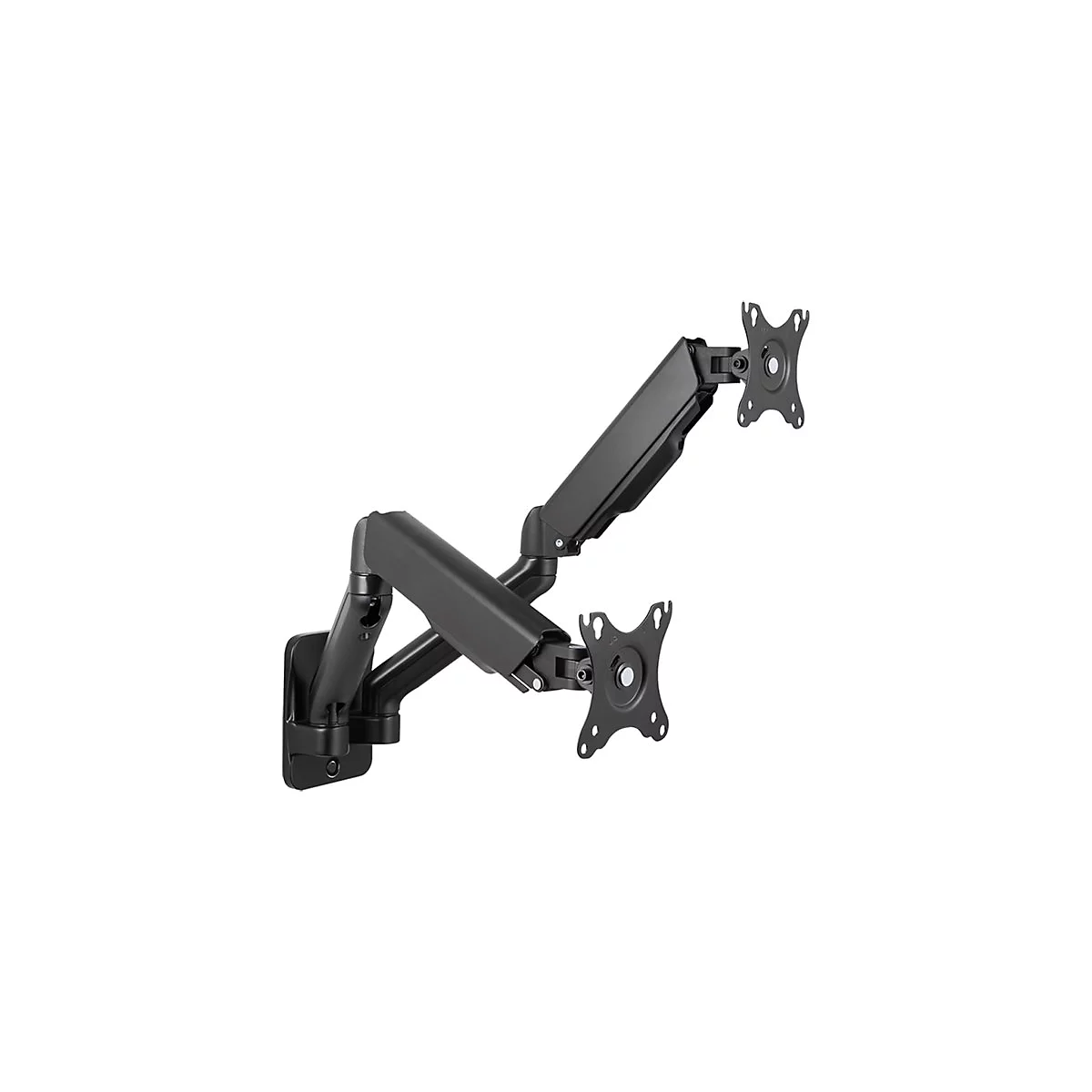 Schwarze, zweifache Monitor-Wandhalterung mit beweglichen Armen vor weißem Hintergrund.