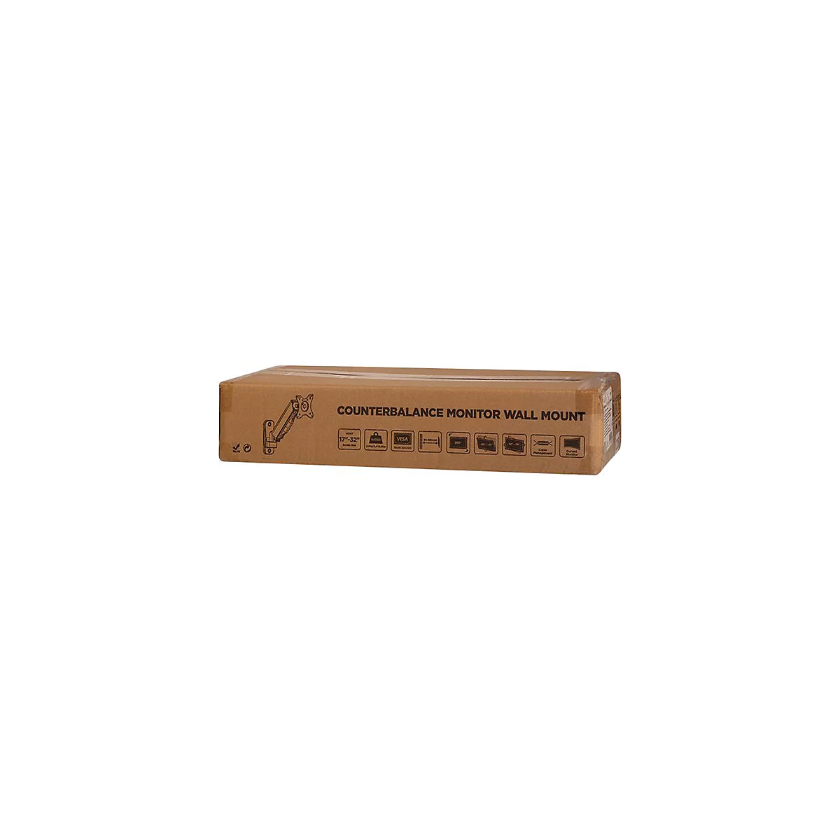 Brauner Karton einer Monitor-Wandhalterung mit Produktabbildung und technischen Icons.