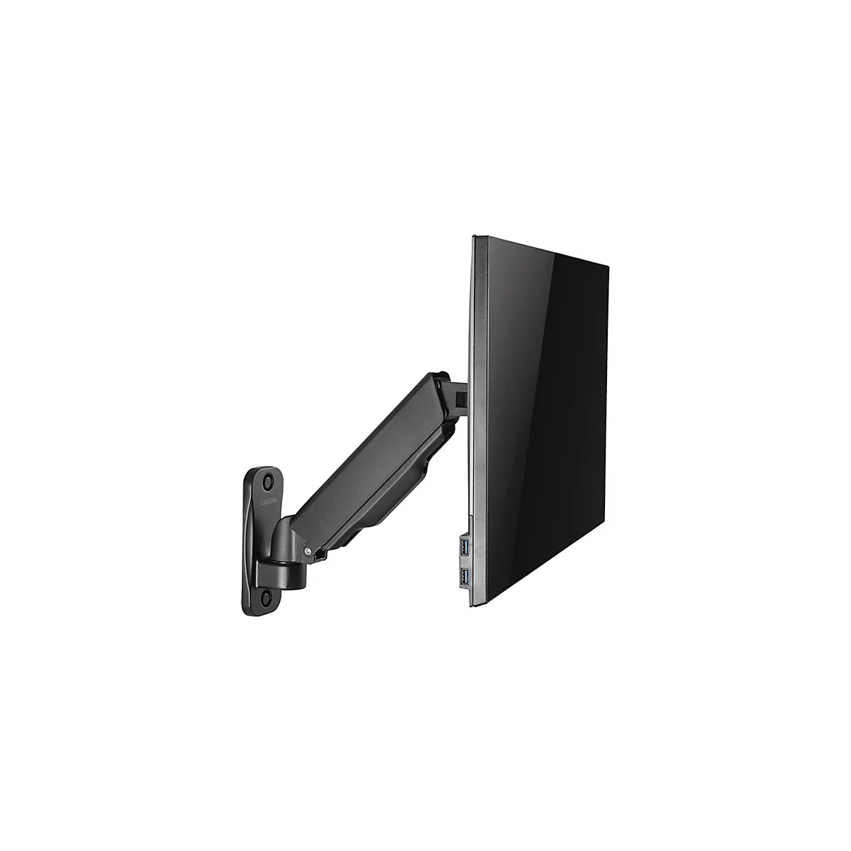 Schwarze Wandhalterung mit schwenkbarem Arm hält einen Monitor, LogiLink Logo sichtbar.