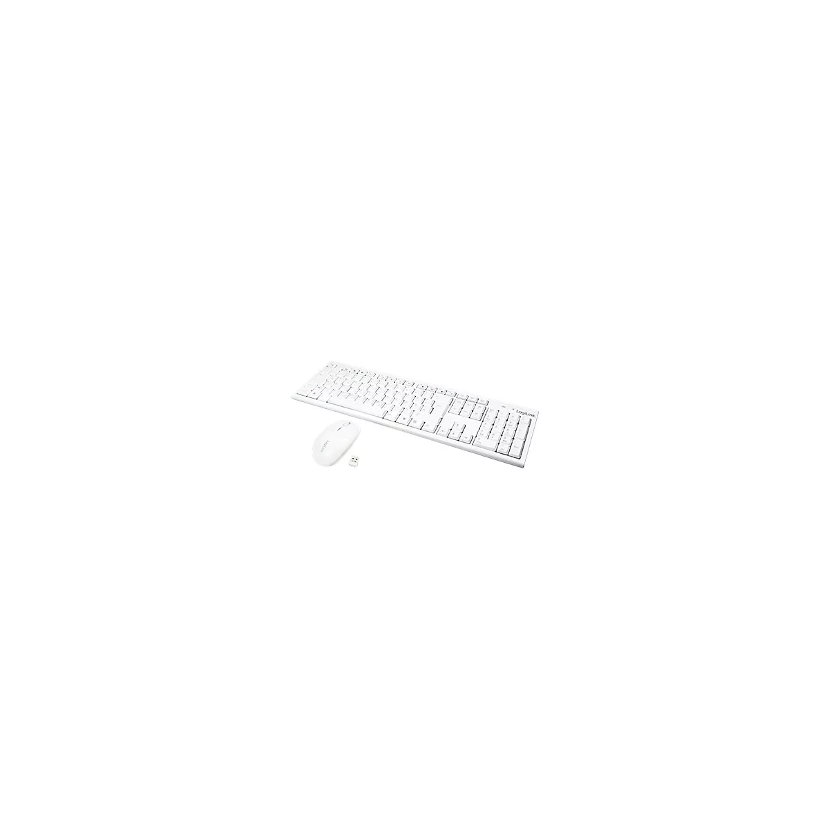 Weißes PC-Set: Tastatur, Maus und USB-Empfänger. Auf der Tastatur ist der Schriftzug "LogiLink" zu erkennen.