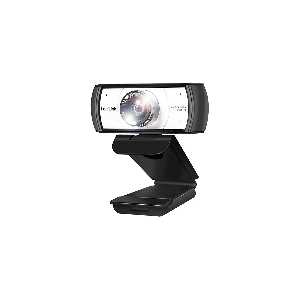 Schwarze Webcam mit LogiLink-Logo und „Live Camera Full HD“-Schriftzug auf weißem Hintergrund.