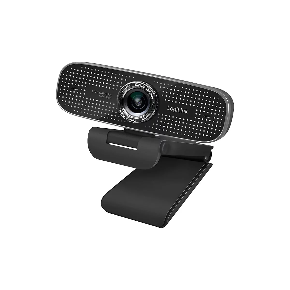Webcam, schwarz mit silbernem Rahmen. Aufschrift: "Live Camera FHD 1080p" und "LogiLink".