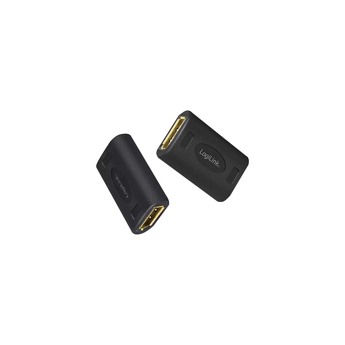 Zwei schwarze LogiLink DisplayPort-Adapter mit goldenen Anschlüssen vor weißem Hintergrund.