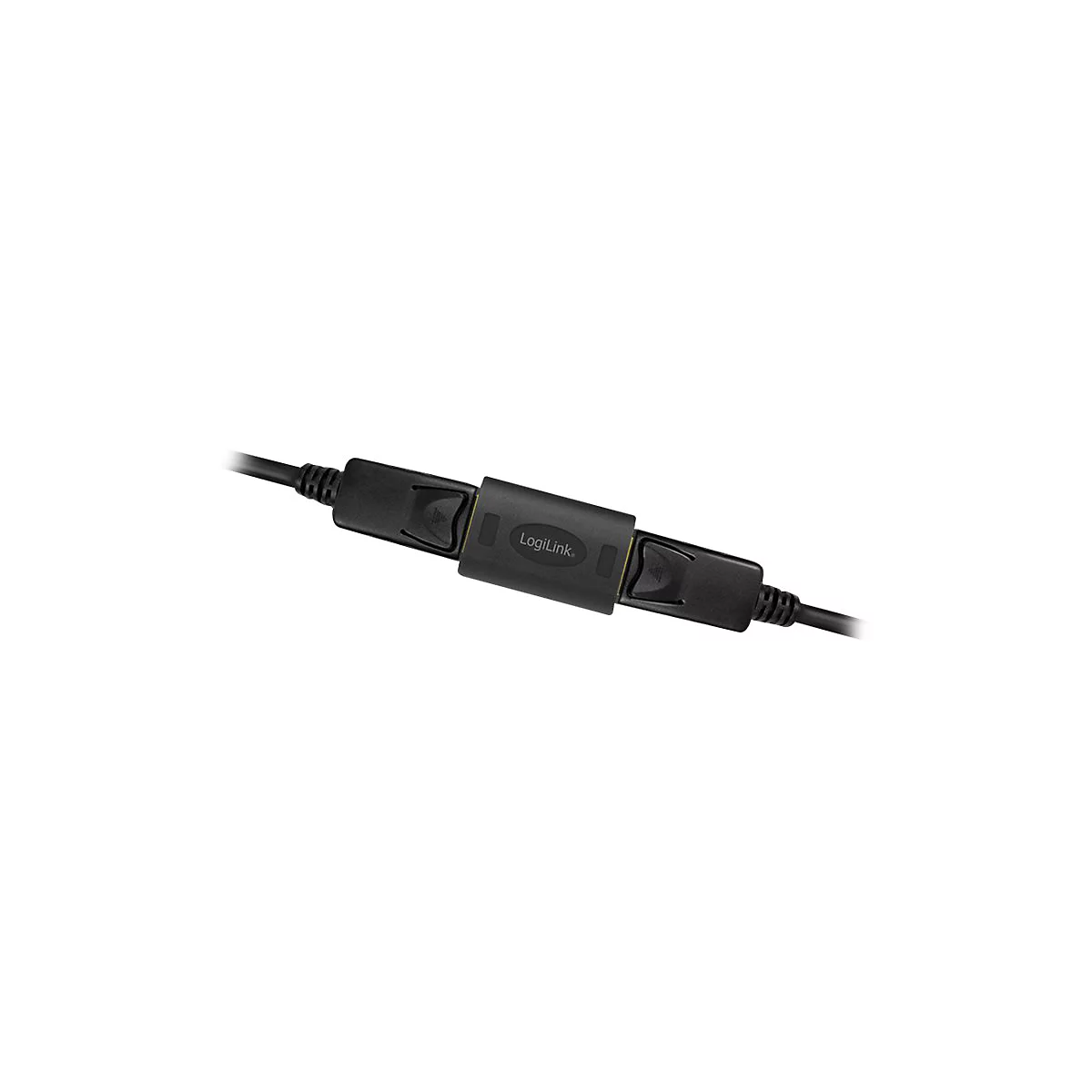 Ein schwarzer LogiLink HDMI-Kupplungsadapter verbindet zwei schwarze HDMI-Kabel vor einem weißen Hintergrund.