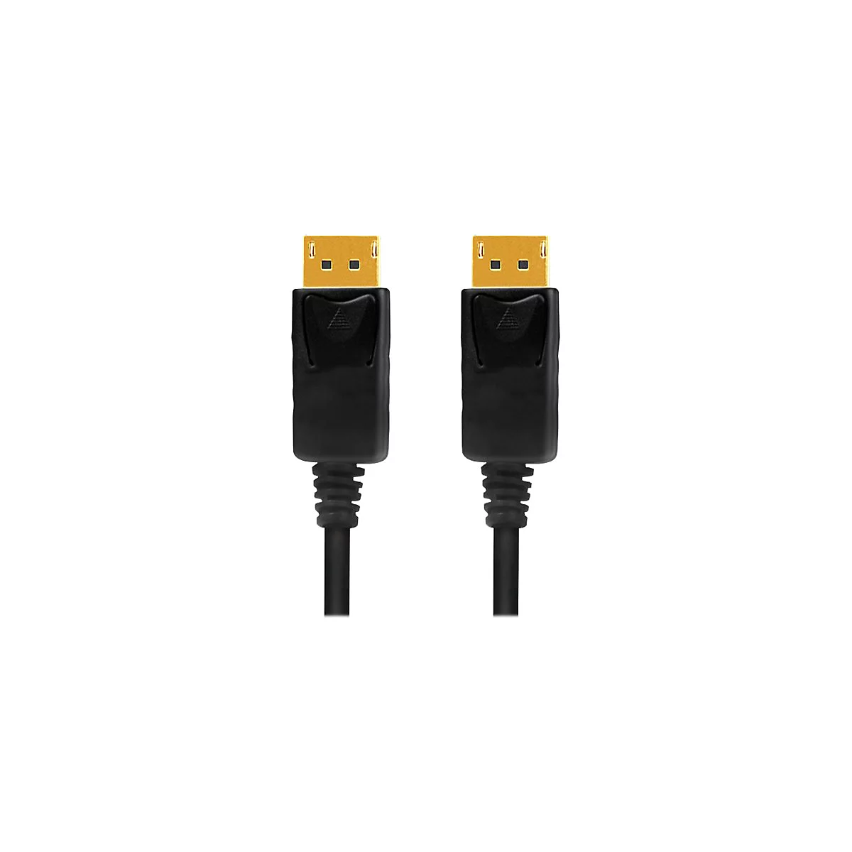 Zwei schwarze DisplayPort-Kabelstecker mit goldenen Anschlüssen vor weißem Hintergrund.