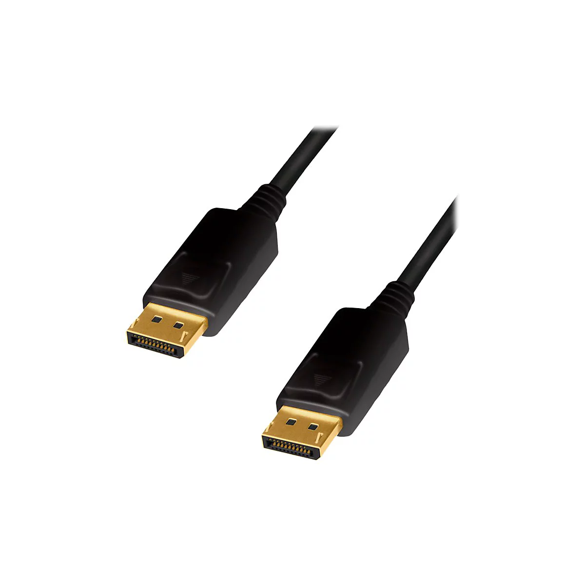 Zwei schwarze DisplayPort-Kabel mit goldenen Steckern vor weißem Hintergrund.