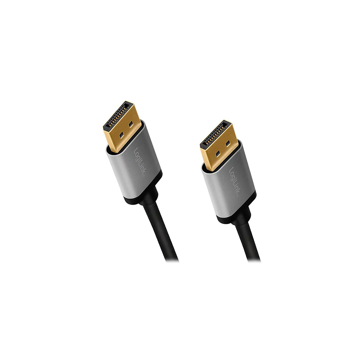 Zwei DisplayPort-Kabelstecker mit goldenen Anschlüssen und grauem Gehäuse mit Logilink-Schriftzug vor weißem Hintergrund.