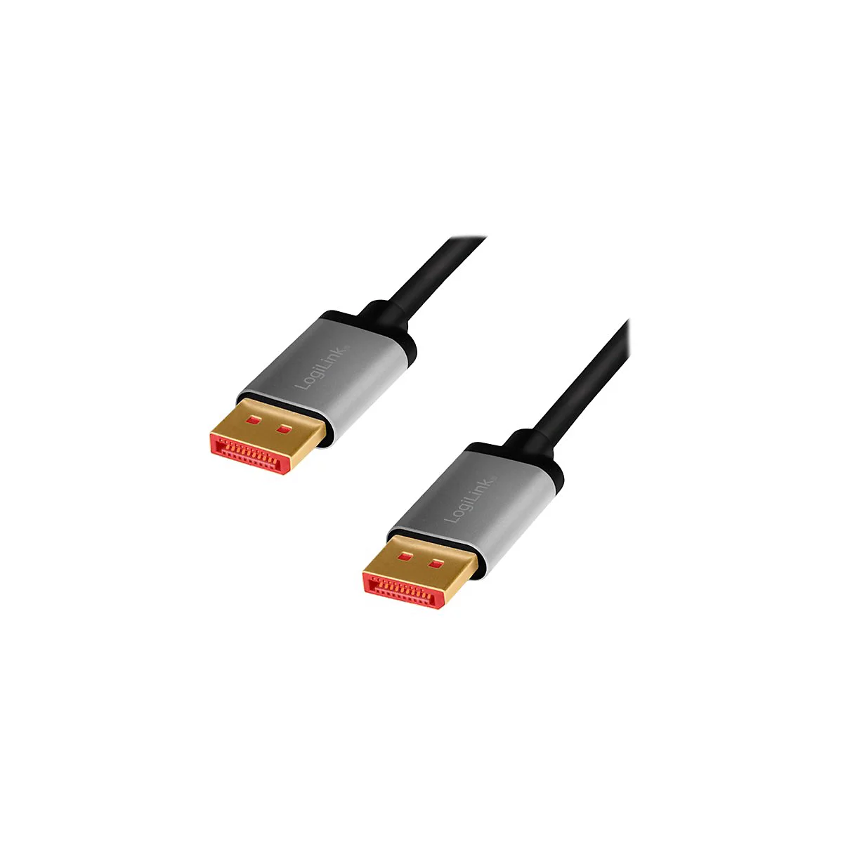 Zwei DisplayPort-Kabelenden mit silbernem Gehäuse, goldenen Anschlüssen und LogiLink-Logo.
