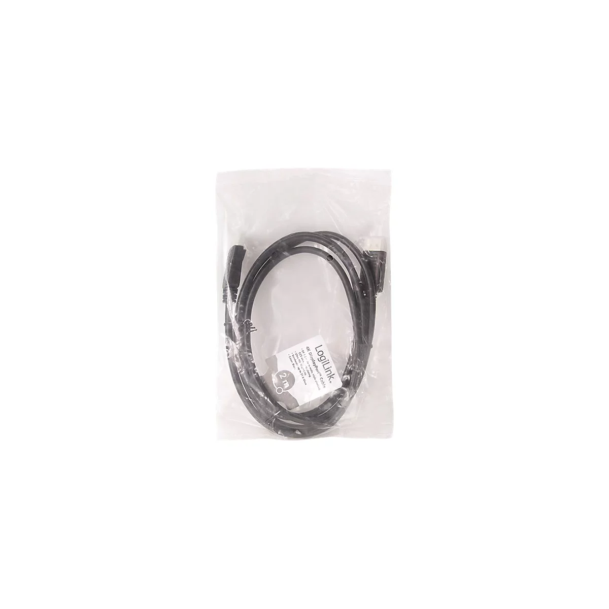 Schwarzes LogiLink 4K DisplayPort-Kabel, zwei Meter lang, in einer transparenten Plastiktüte verpackt.