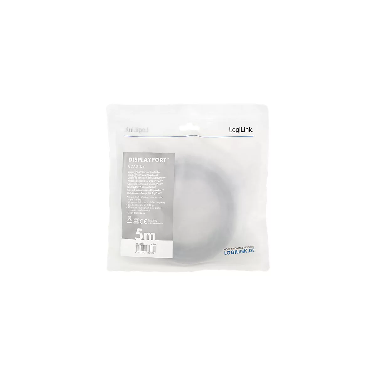 DisplayPort-Kabel (5 m) von LogiLink in halbtransparenter Kunststoffverpackung mit Produktinformationen.
