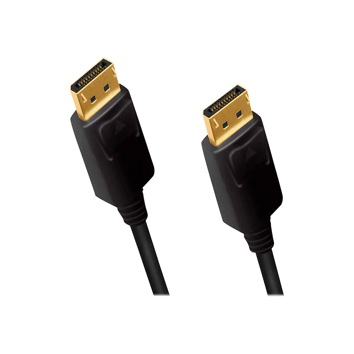 Zwei schwarze DisplayPort-Kabelenden mit goldenen Steckern vor weißem Hintergrund.