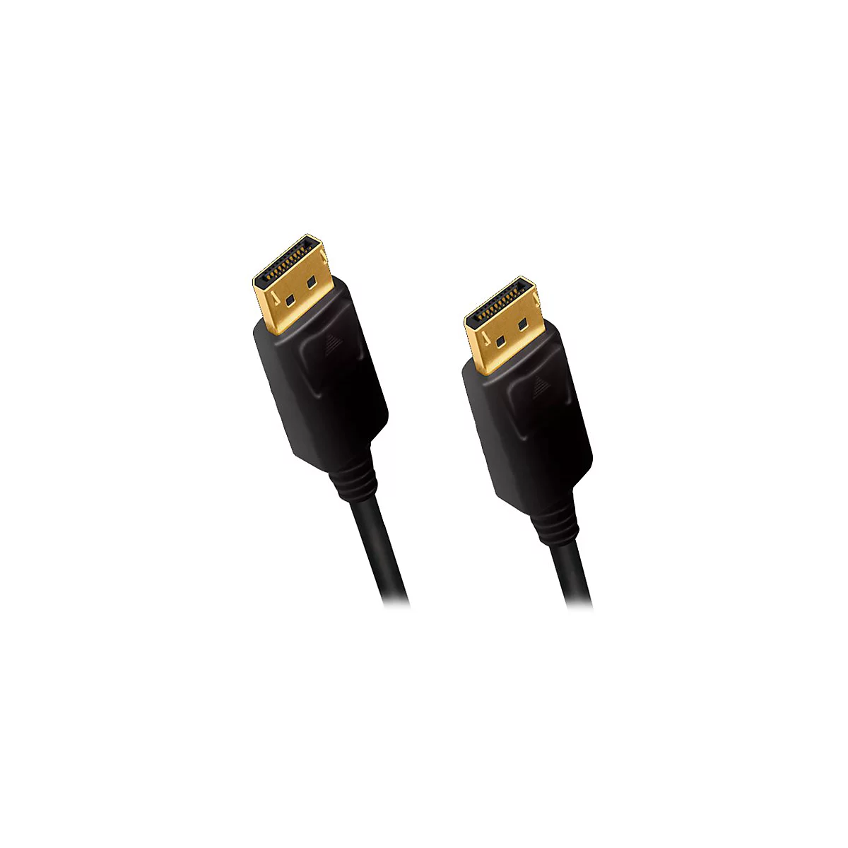Zwei schwarze DisplayPort-Kabelenden mit goldenen Steckern vor weißem Hintergrund.
