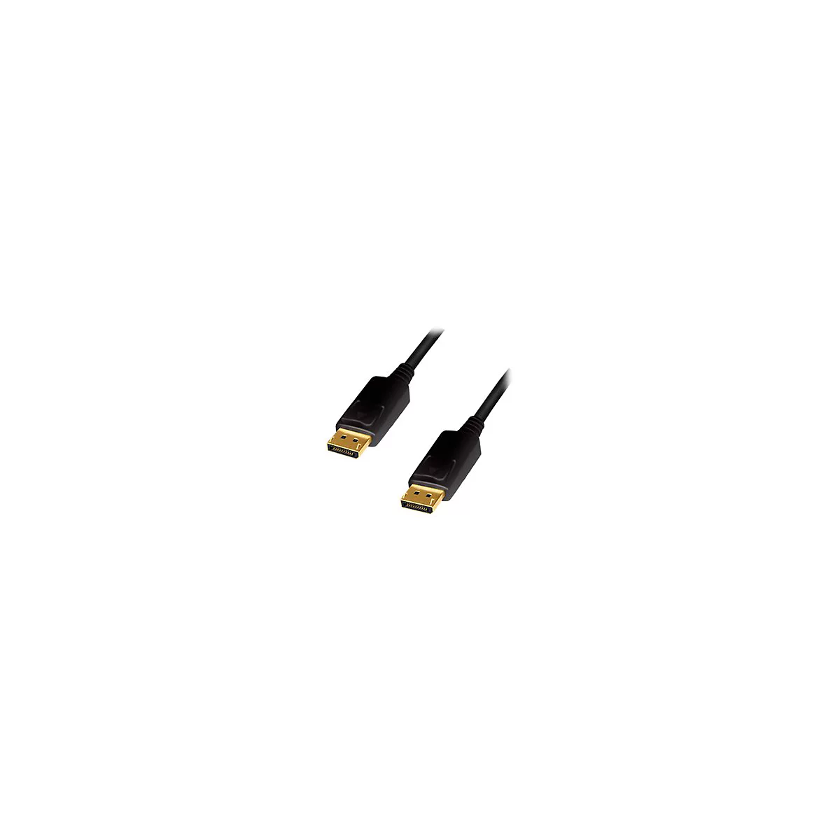 Zwei schwarze DisplayPort-Kabelenden mit goldenen Steckern vor weißem Hintergrund.