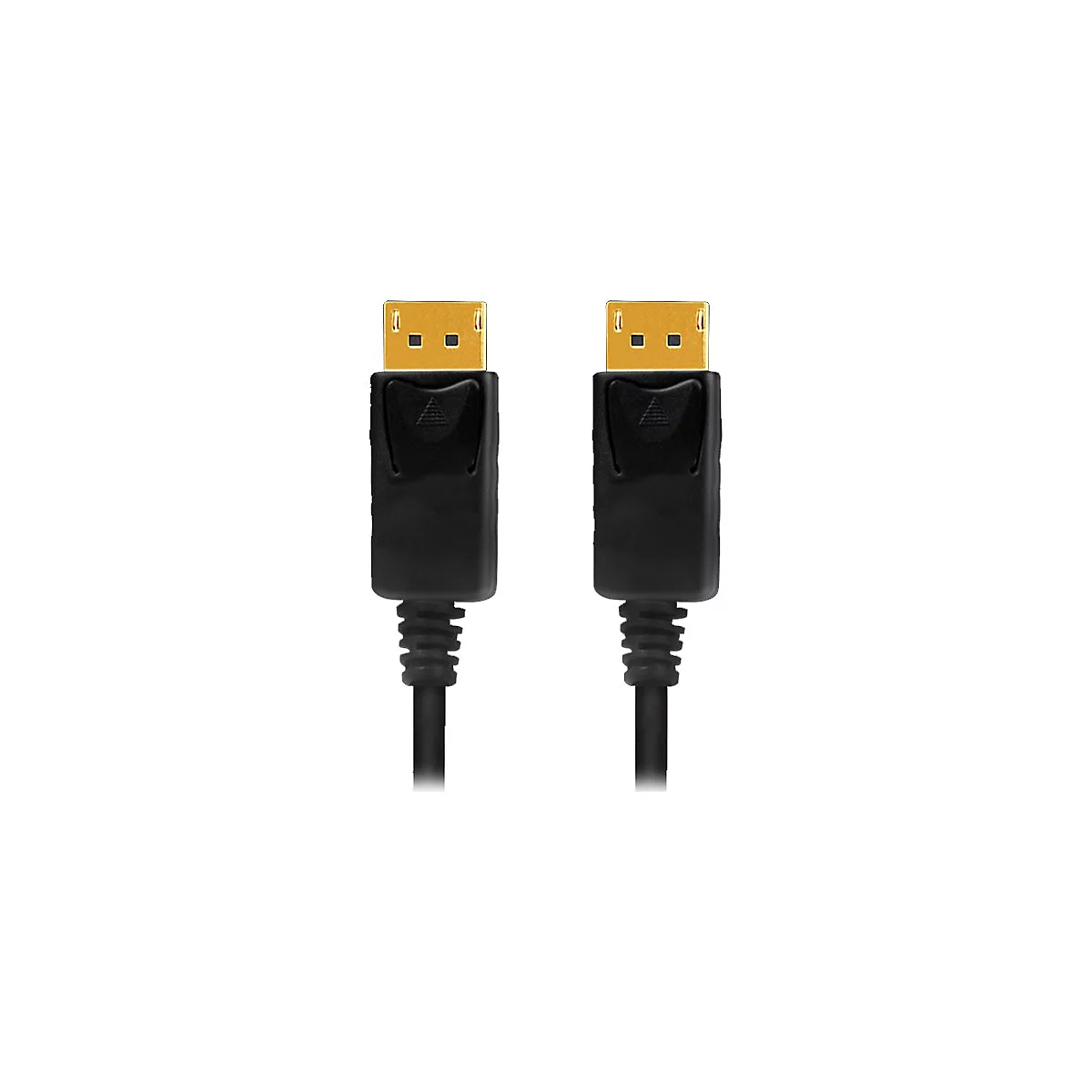 Zwei schwarze DisplayPort-Stecker mit goldenen Anschlüssen vor weißem Hintergrund.