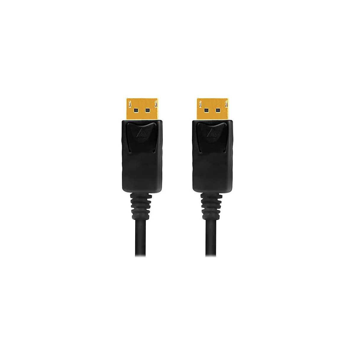 Zwei identische, schwarze DisplayPort-Stecker mit goldenen Anschlüssen vor weißem Hintergrund.