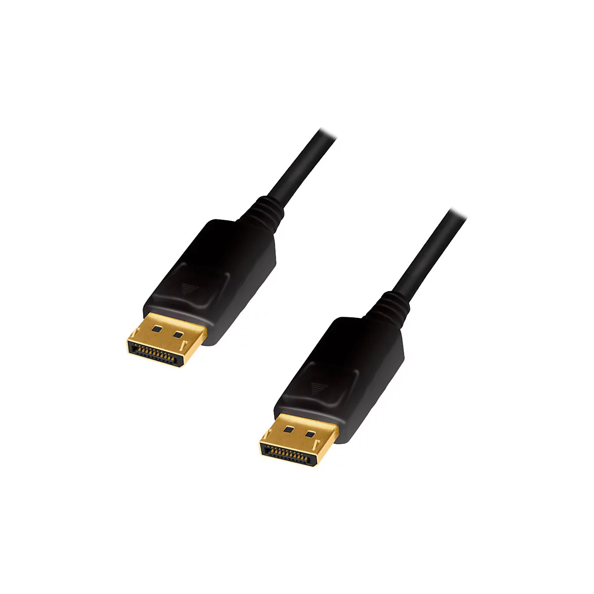 Zwei schwarze DisplayPort-Kabelenden mit goldenen Steckern vor weißem Hintergrund.