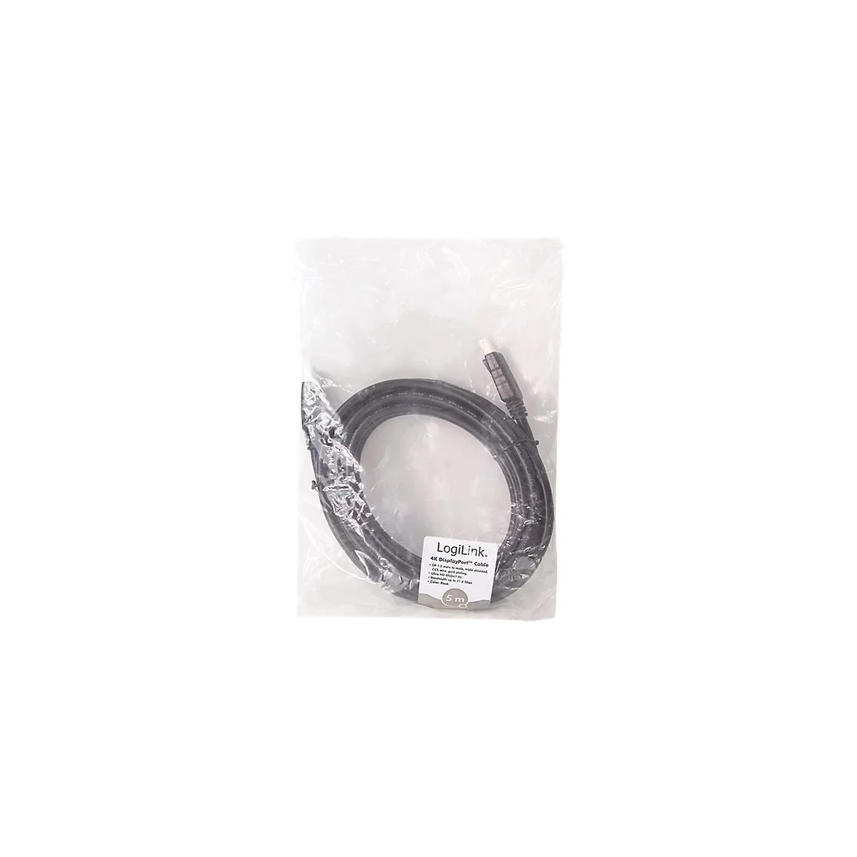 LogiLink 4K DisplayPort Kabel 5 Meter in transparenter Plastiktüte verpackt.
