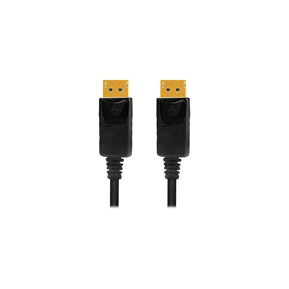 Zwei schwarze DisplayPort-Kabelstecker mit goldenen Anschlüssen vor weißem Hintergrund.