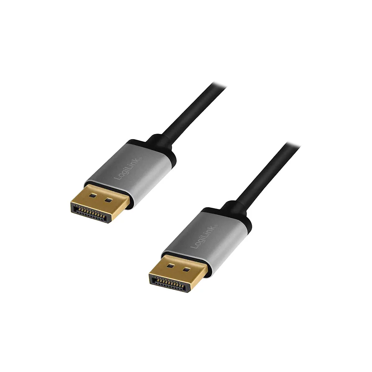 Zwei schwarze DisplayPort-Kabel mit grauen Steckern und goldenen Kontakten, LogiLink-Logo eingeprägt.