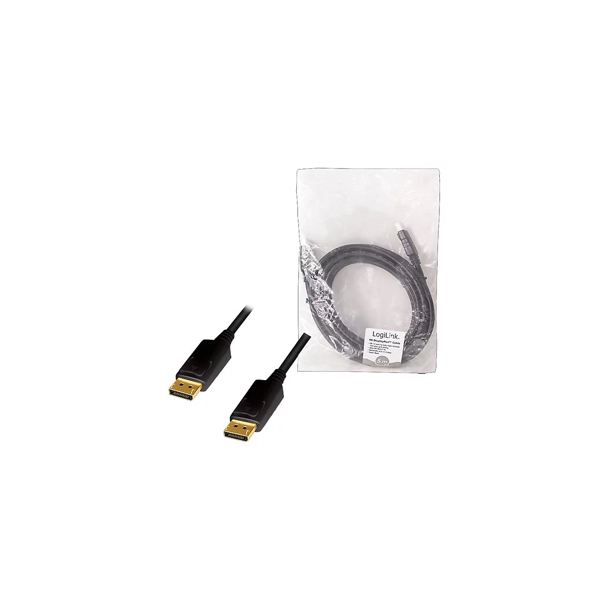 LogiLink 4K DisplayPort-Kabel, 5 Meter lang, in durchsichtiger Kunststoffverpackung mit goldenen Anschlüssen.