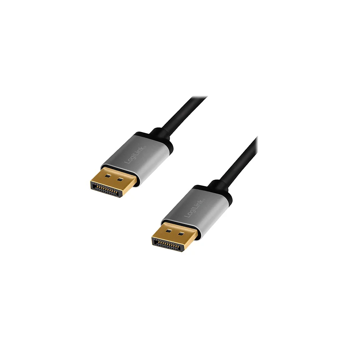 Zwei DisplayPort-Kabelenden mit silbernem Gehäuse und goldenem Stecker vor weißem Hintergrund.