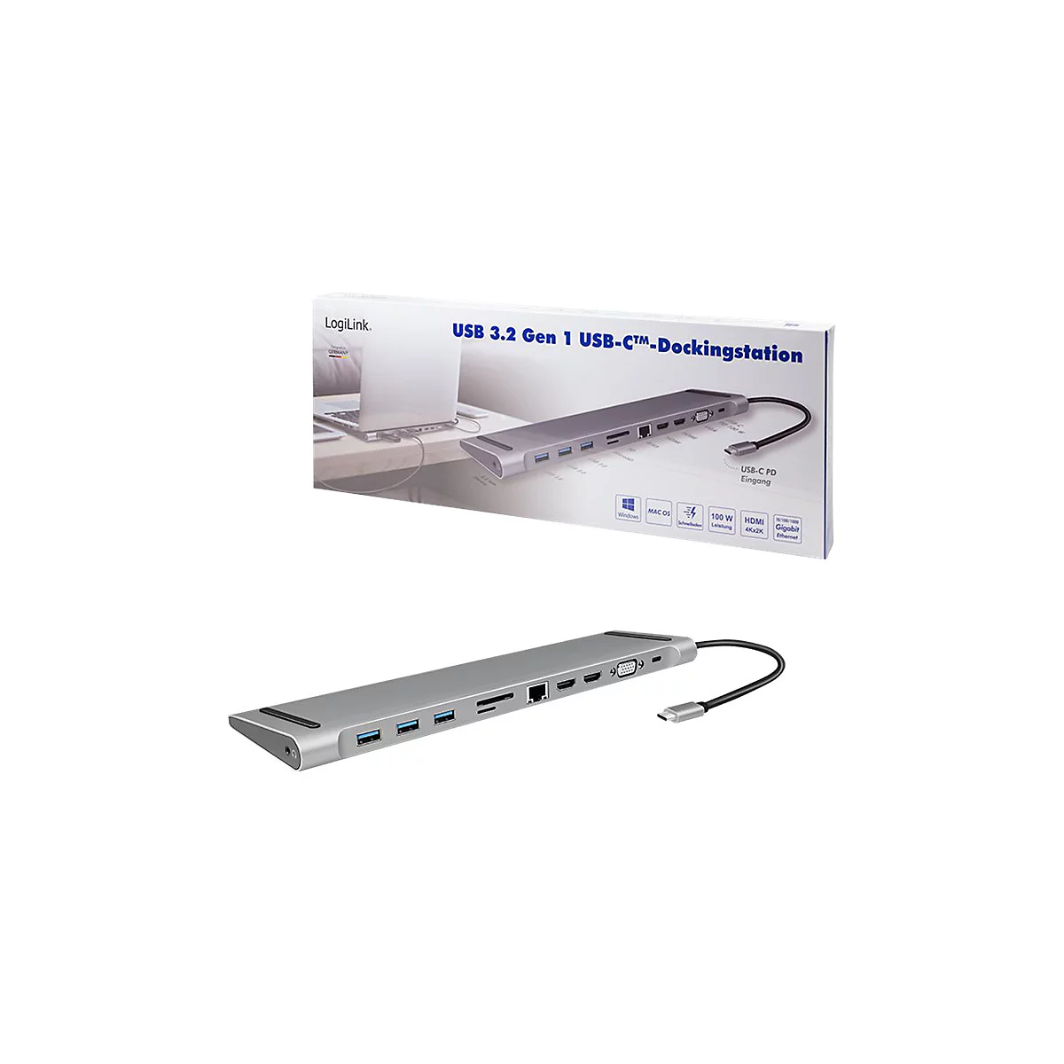 LogiLink - Dockingstation - USB-C 3.2 Gen 1 - 2 x HDMI, VGA - 1GbE