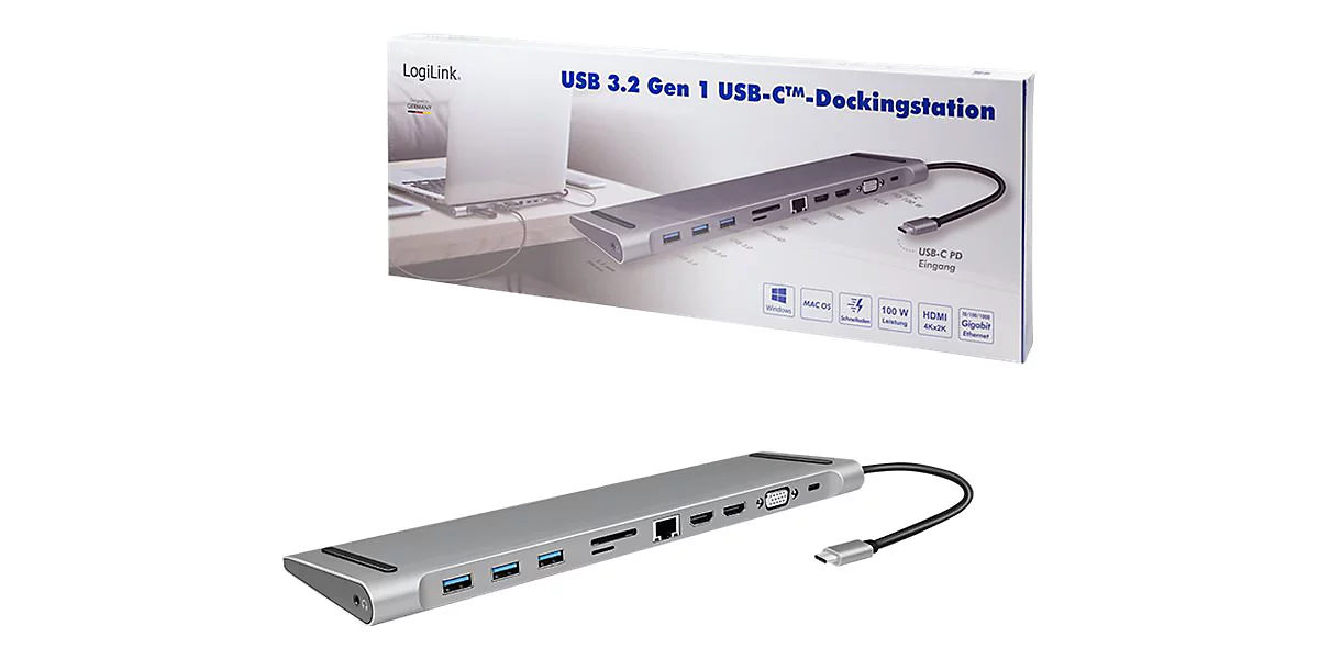 LogiLink - Dockingstation - USB-C 3.2 Gen 1 - VGA, 2 x HDMI - 1GbE