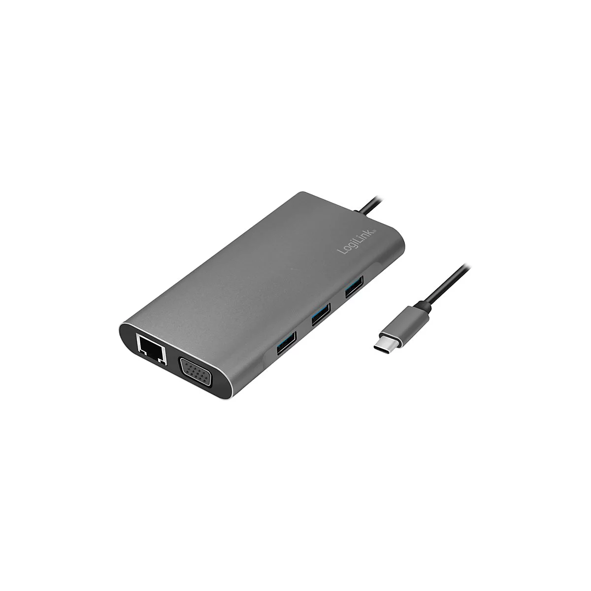 Grauer LogiLink USB-C-Hub mit mehreren AnschlÃ¼ssen, Netzwerkkabel und USB-C-Anschlusskabel.